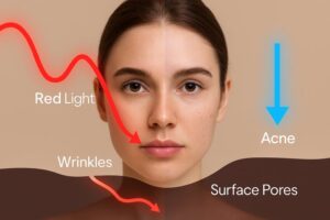 A split image showing a woman's face. On the left, red light targets deeper skin layers for wrinkles. On the right, blue light targets the surface pores for acne