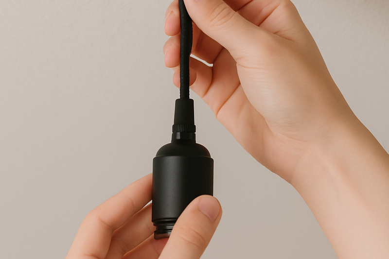 A person easily hanging a plug-in pendant cord from a small, decorative hook screwed into the ceiling.