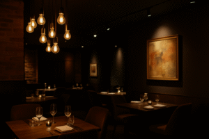 A sophisticated restaurant interior where clusters of dim Omita LED Edison bulbs provide warm ambient light, while discreet spotlights highlight the tables and artwork