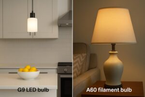 A photo showcasing Omita's G9 LED bulb installed in a modern kitchen, providing clean, neutral light, contrasted with an A60 filament bulb in a living room lamp