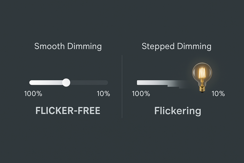 A smooth dimming graphic showing a slider going from 100% to 10% without flicker, contrasted with a competitor's flickering, stepped dimming.