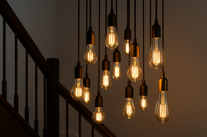 A stunning cluster of different-shaped Omita Edison bulbs hanging at various heights in a staircase, creating a dramatic chandelier effect.