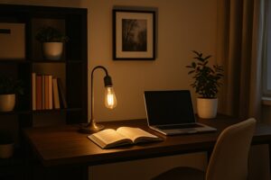 A well-lit and stylish home office, with a focused beam from an Edison bulb desk lamp illuminating a book and laptop