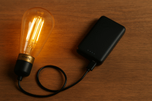 A photo showing the simple setup: an Omita Edison bulb screwed into a USB socket cord, which is plugged into a standard portable power bank.