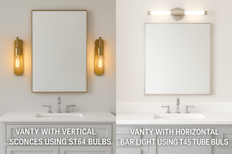 A side-by-side comparison: a vanity with vertical sconces using ST64 bulbs, and another vanity with a horizontal bar light using T45 tube bulbs.