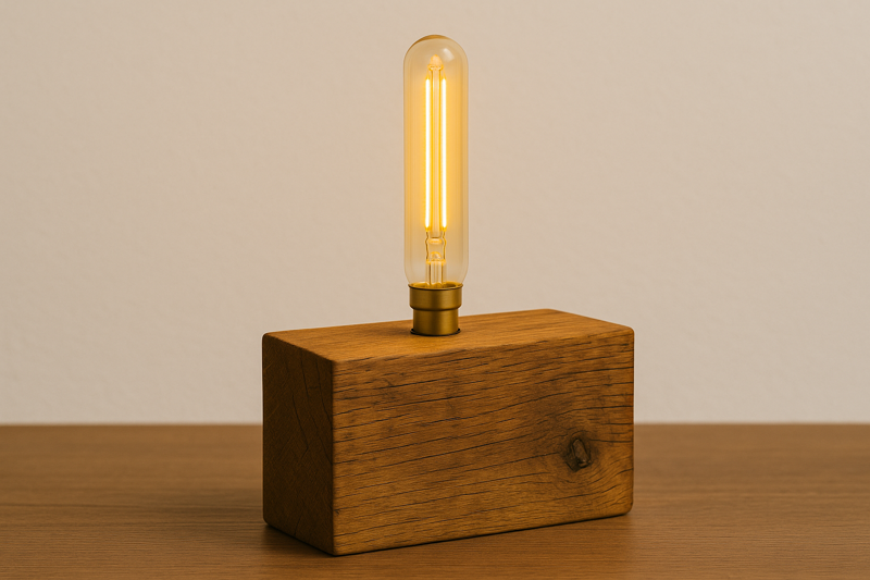 A lamp made from a block of reclaimed oak, with a T30 tube bulb providing a warm glow