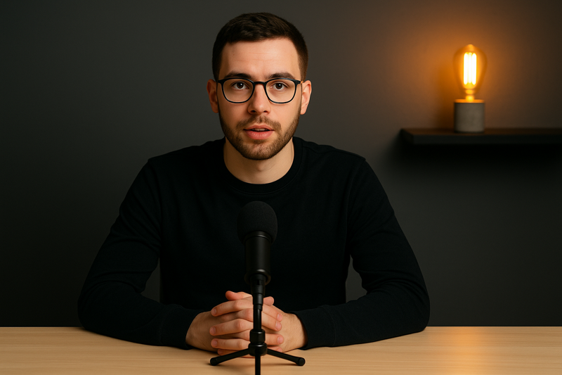 A YouTuber sitting at a desk with a warm, glowing LED Edison bulb on a shelf in the background, creating a professional look.