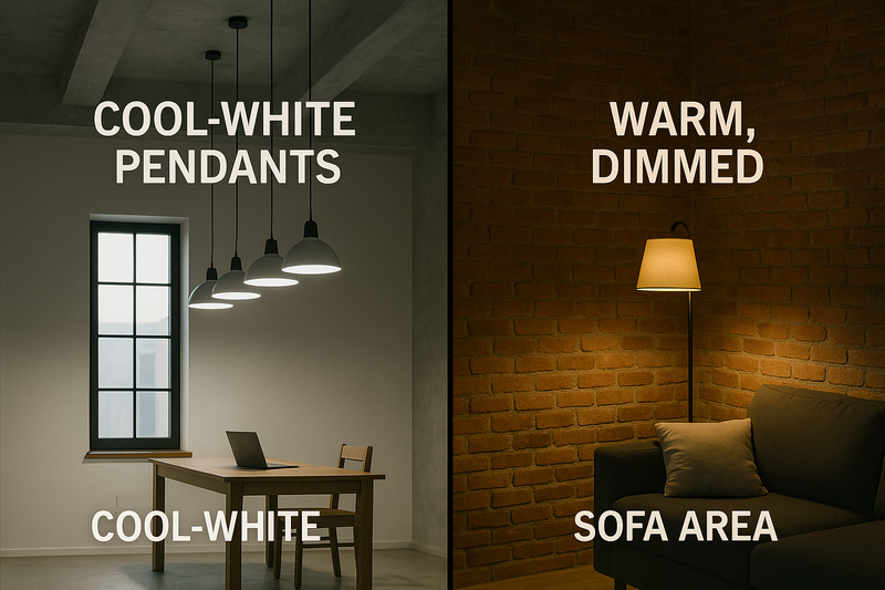 A loft space where the work area is brightly lit by cool-white pendants, while the sofa area in the same room is softly lit by a warm, dimmed floor lamp.