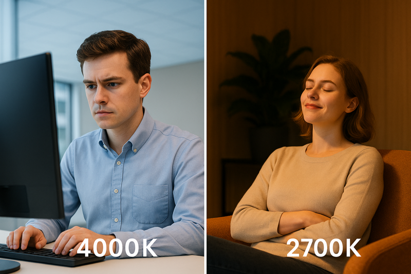 A split image showing an employee looking focused and alert under a 4000K cool white light at a desk, contrasted with another employee relaxing in a breakroom under a warm 2700K light.