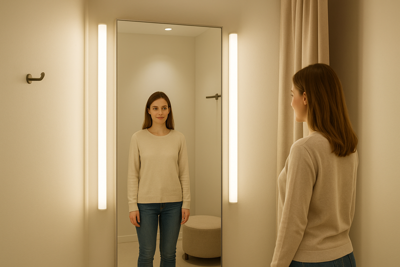 A well-lit fitting room with soft, vertical light from fixtures on either side of the mirror, creating a flattering and shadow-free experience for the customer.