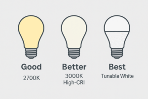 A simple graphic showing three bulbs labeled "Good," "Better," "Best." "Good" is a standard 2700K bulb. "Better" is a 3000K High-CRI bulb. "Best" is a "tunable white" smart bulb
