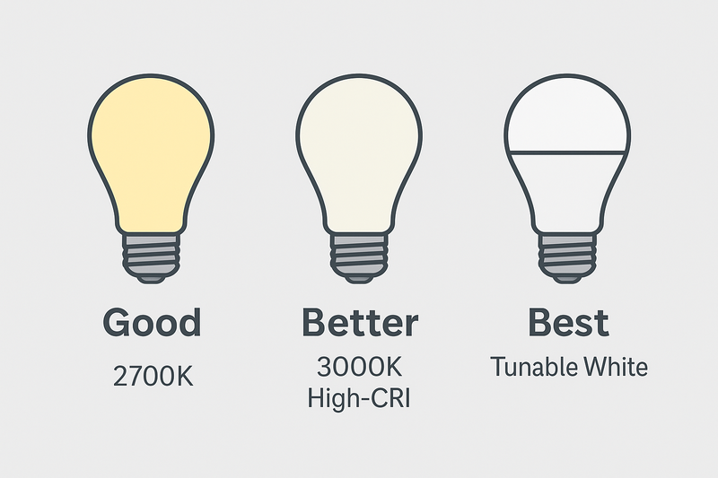 A simple graphic showing three bulbs labeled "Good," "Better," "Best." "Good" is a standard 2700K bulb. "Better" is a 3000K High-CRI bulb. "Best" is a "tunable white" smart bulb.