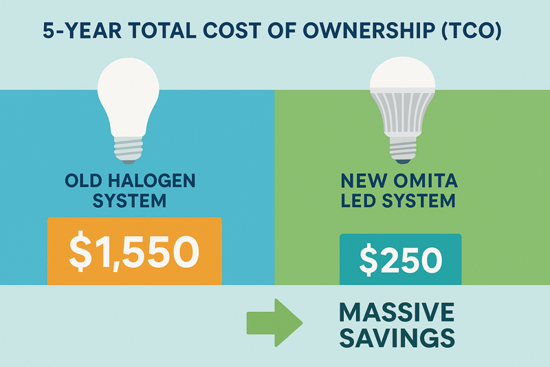 A clear infographic comparing the 5-year total cost of ownership (TCO) of an old halogen system vs. a new Omita LED system, showing massive savings on the LED side.