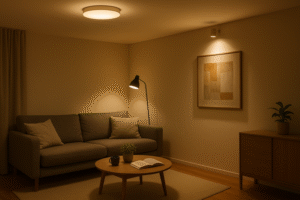 A beautifully designed living room showcasing layers of light: a soft glow from a ceiling fixture, a focused beam from a reading lamp, and a spotlight on a piece of art