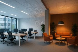 A dynamic photo of a modern office space where different zones are lit for different purposes: bright, cool light over desks, and warmer, softer light in a collaborative lounge area