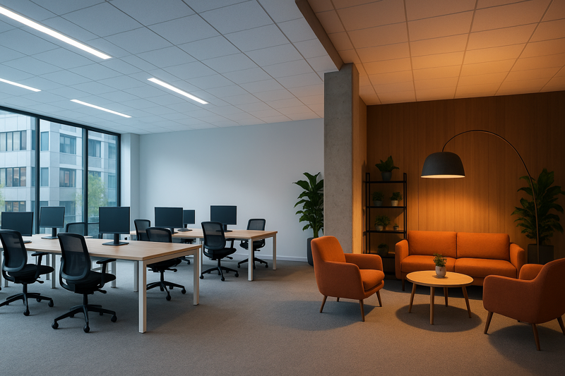 A dynamic photo of a modern office space where different zones are lit for different purposes: bright, cool light over desks, and warmer, softer light in a collaborative lounge area.