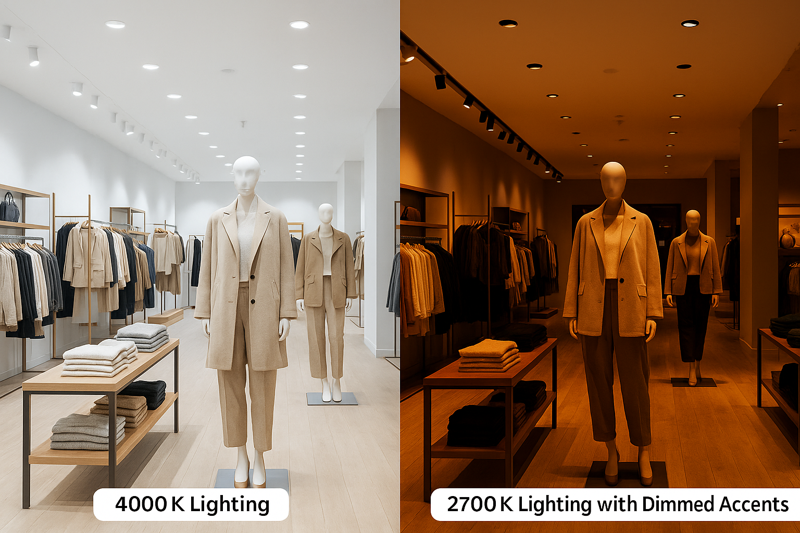 A retail store interior shown in two lights: one with bright, neutral 4000K lighting for daytime shopping, and the other with warm, dramatic 2700K lighting with dimmed accents for an evening sales event.